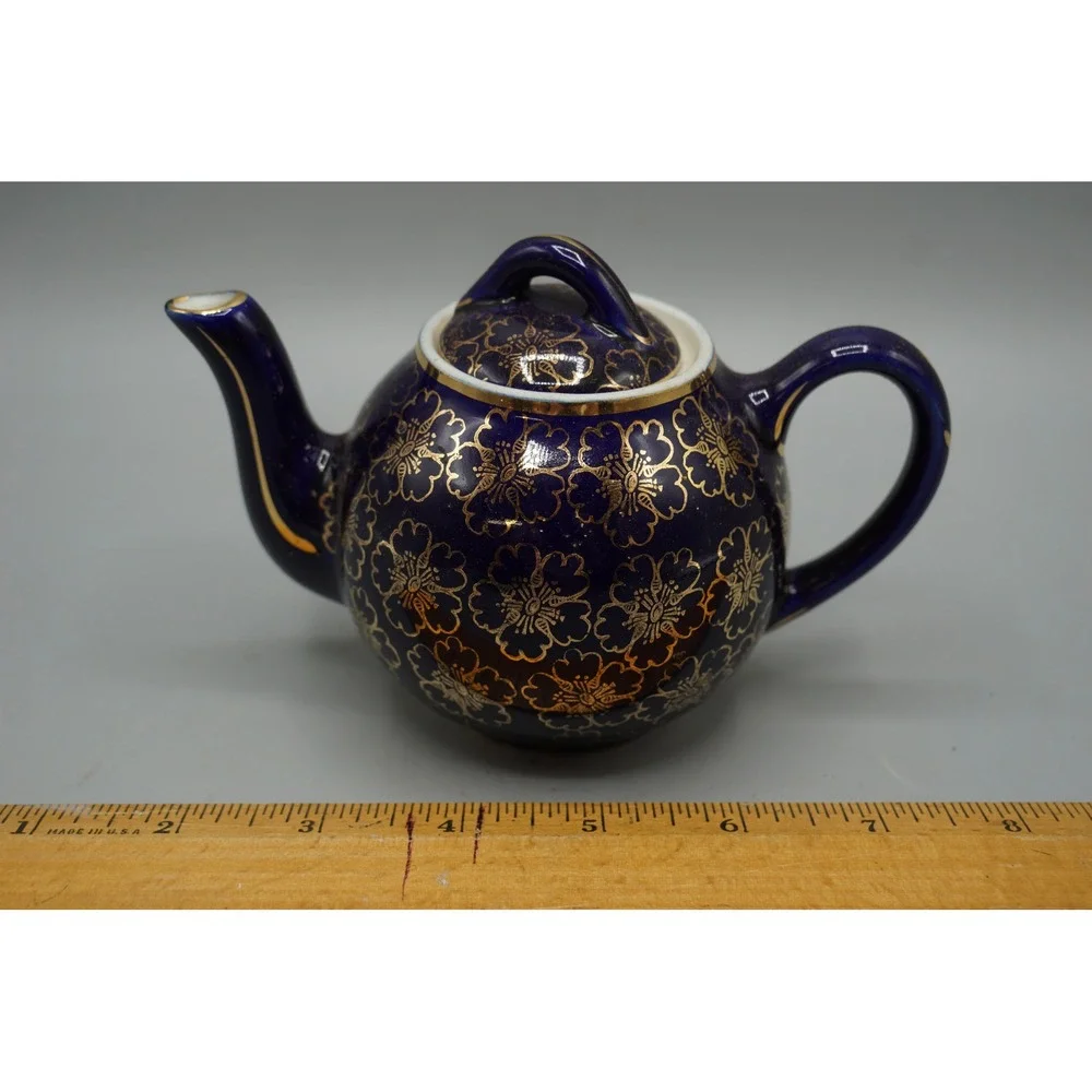 Vintage Hall China Cobalt Blue Gold Floral 2 Cup Teapot Shape 048 USA MCM